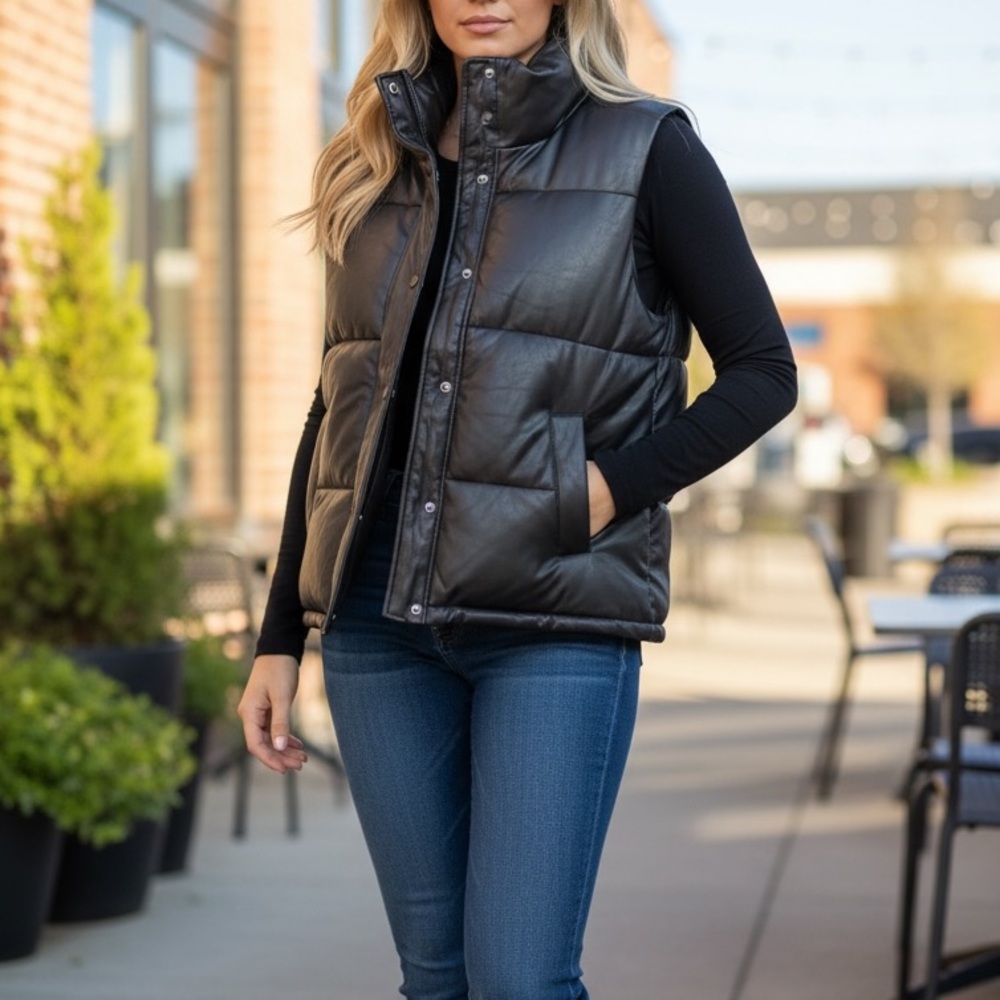 Marc New York Black Faux Leather Puffer Vest NWT Large